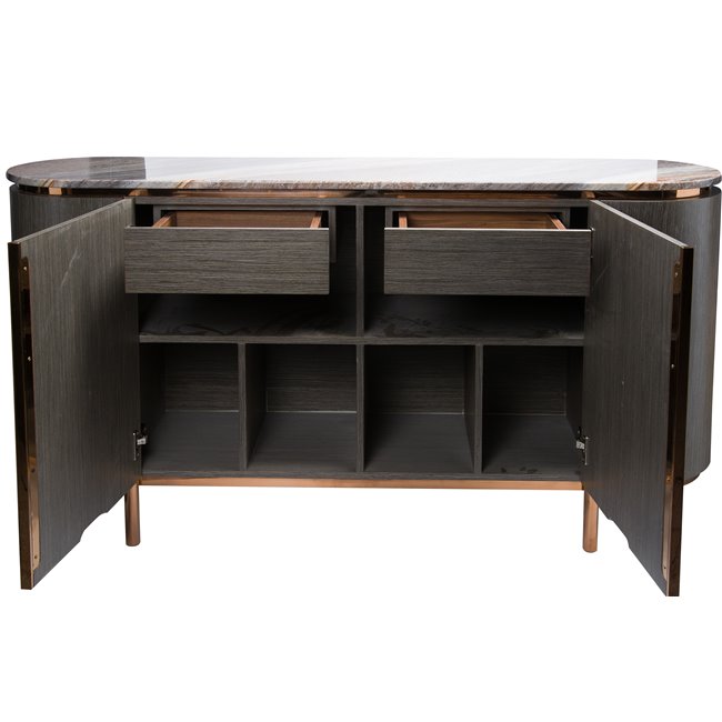 Side table Sanden, artificial marble/silver oak wood veneer/MDF/metal/glass, 160x40cm H75cm