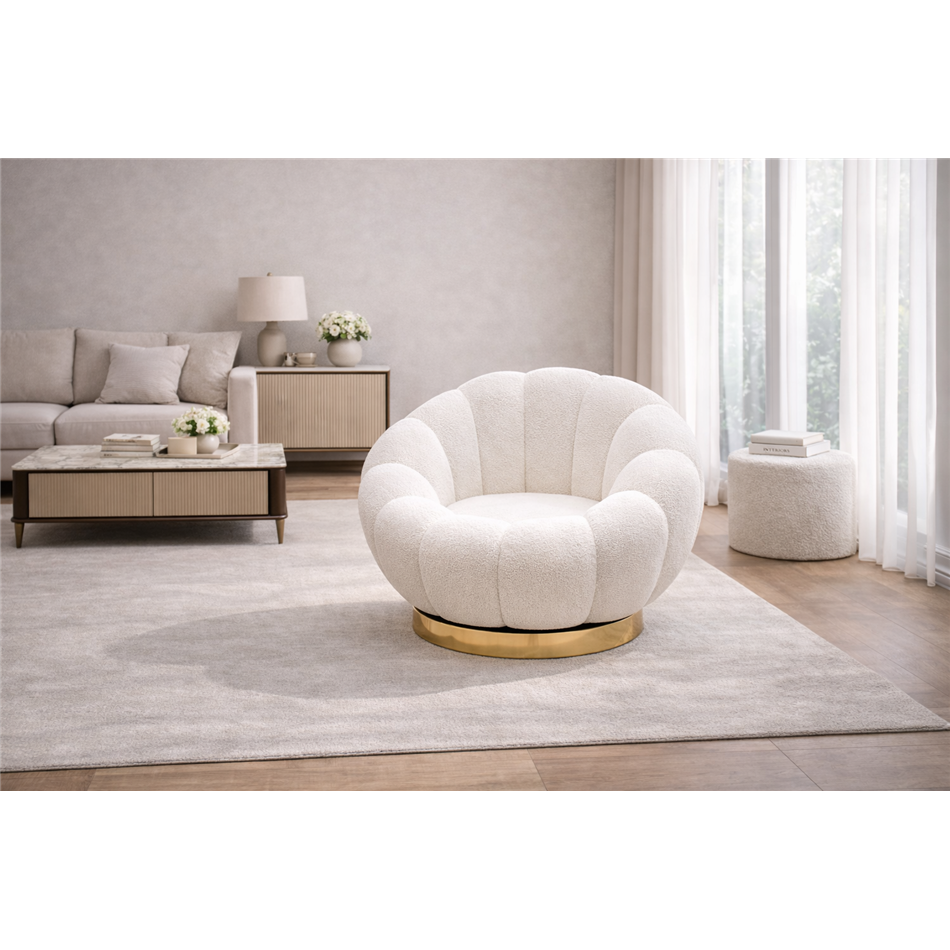 Swivel leisure chair Valdo, white/gold color, rotatable 360 degrees, H75x101x99cm, seat height 40cm