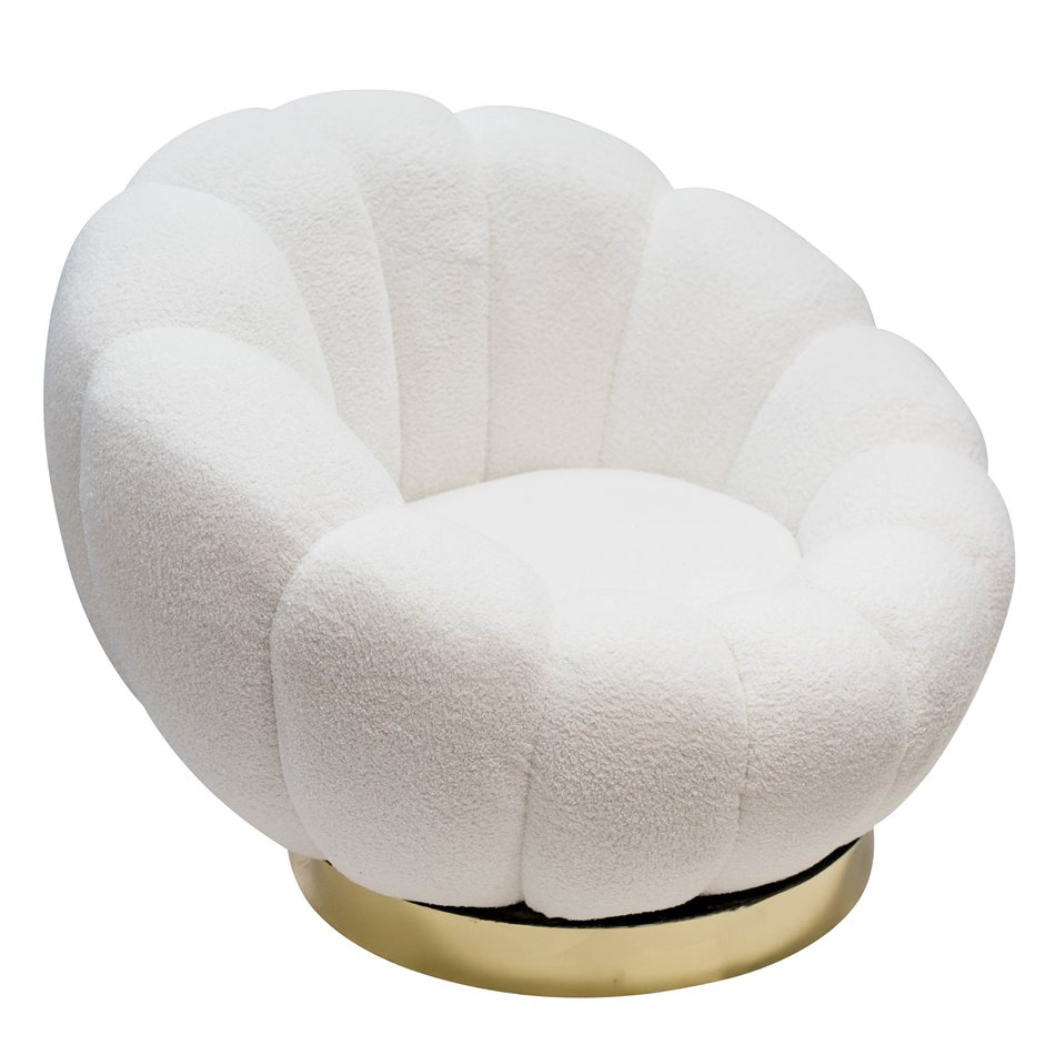 Swivel leisure chair Valdo, white/gold color, rotatable 360 degrees, H75x101x99cm, seat height 40cm