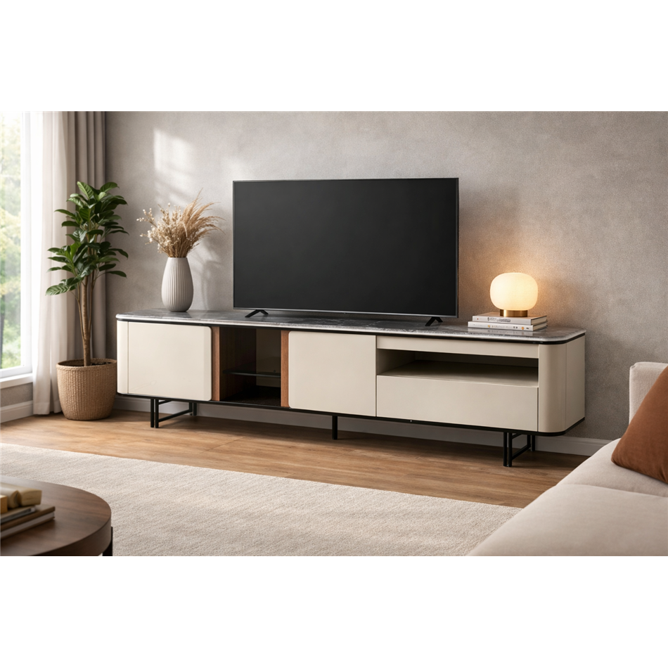 TV unit Saraso, MDF/walnut veneer/marble/metal, 200x45cm H55cm