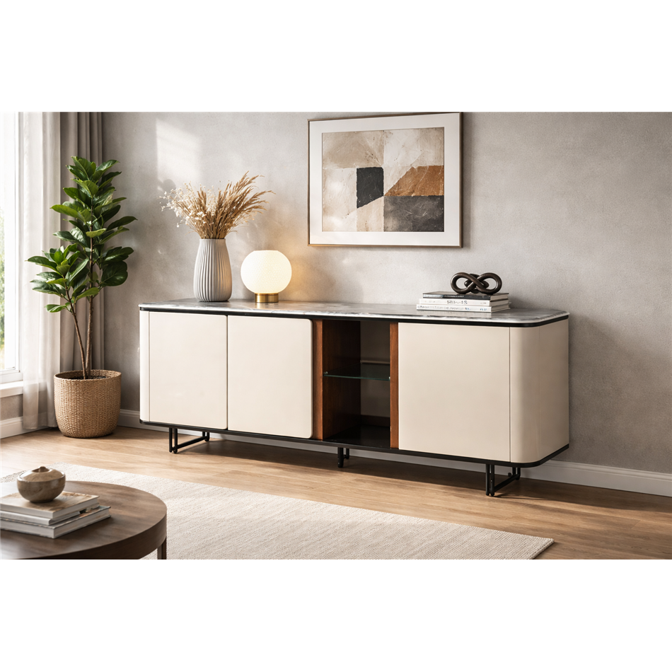 Sideboard Saraso, MDF/walnut veneer/marble/metal, H80x180x45cm
