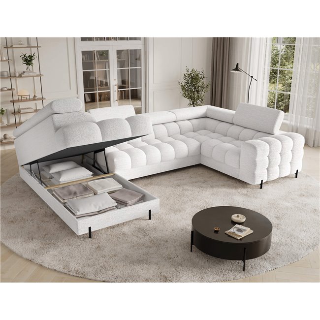 U-shaped sofa Efectory L, sleeping function, Royal 01, boucle, white, H93x346x205cm
