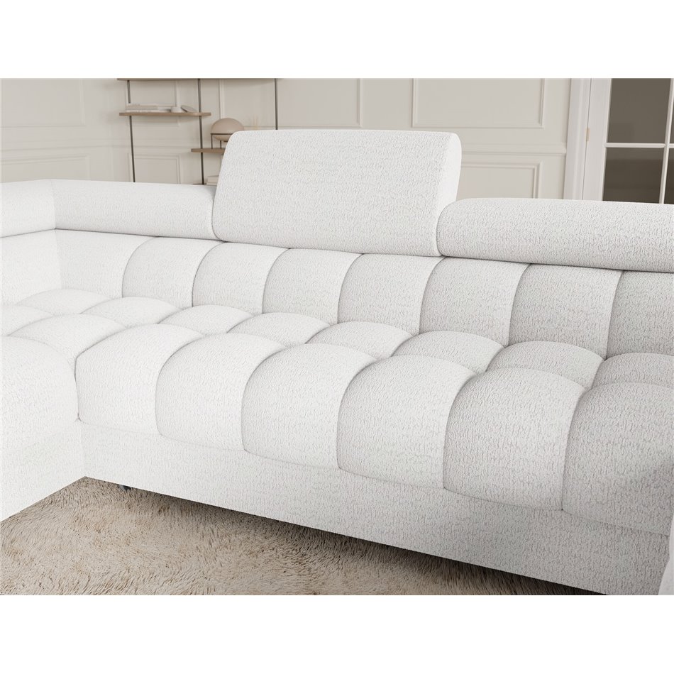 U-shaped sofa Efectory L, sleeping function, Royal 01, boucle, white, H93x346x205cm