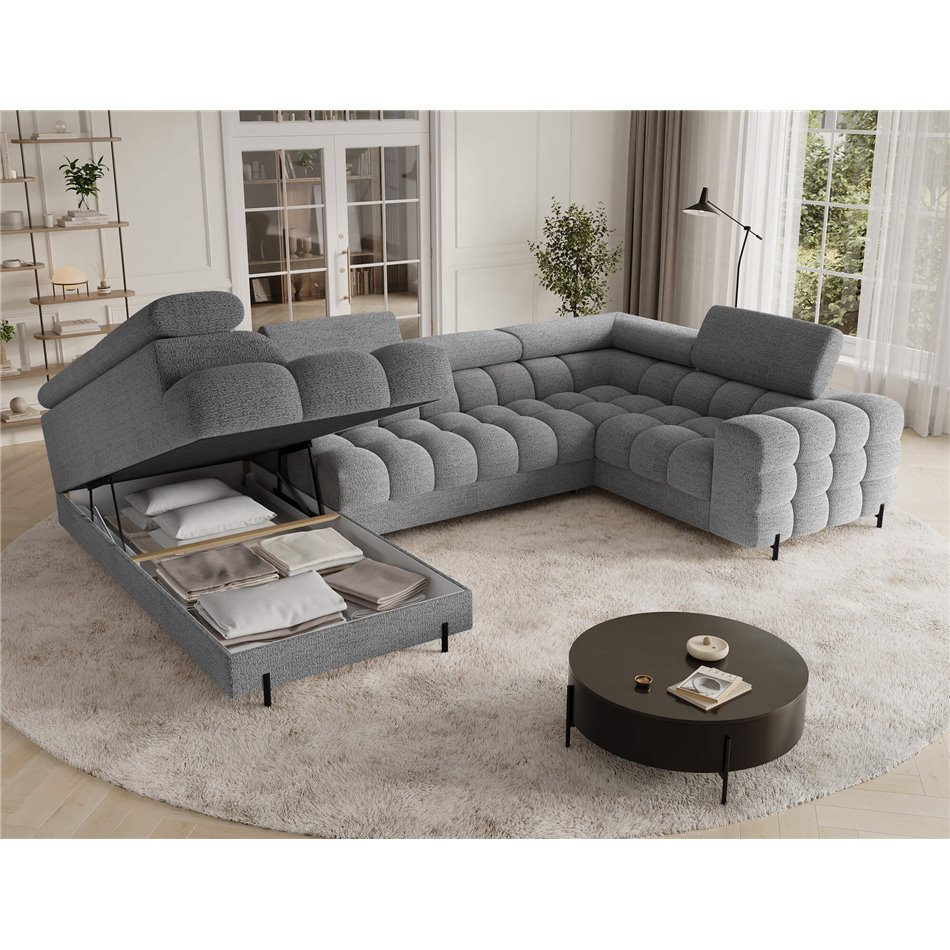 U-shaped sofa Efectory L, sleeping function, Royal 03, boucle, grey, H93x346x205cm