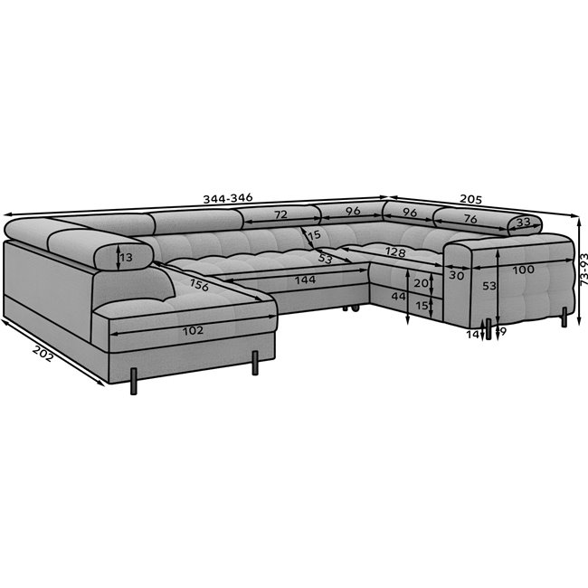 U-shaped sofa Efectory L, sleeping function, Royal 03, boucle, grey, H93x346x205cm