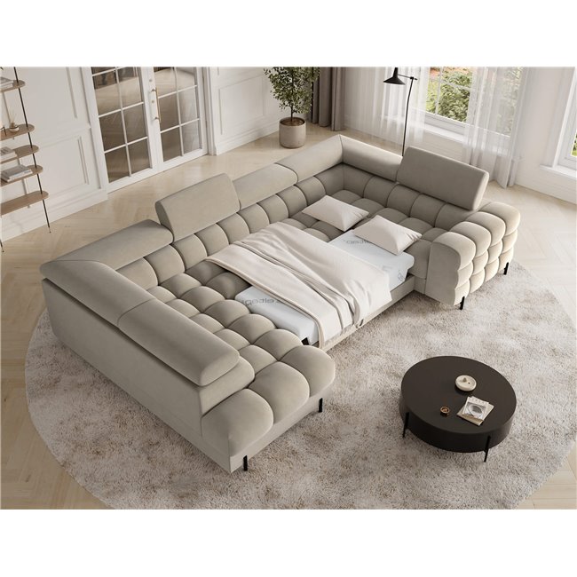 U-shaped sofa Efectory L, sleeping function, Aura 18, velvet, beige, H93x346x205cm
