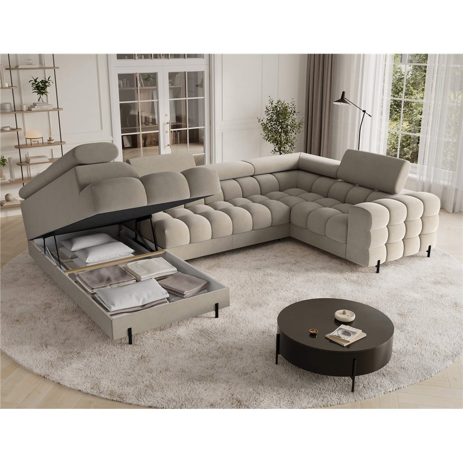 U-shaped sofa Efectory L, sleeping function, Aura 18, velvet, beige, H93x346x205cm