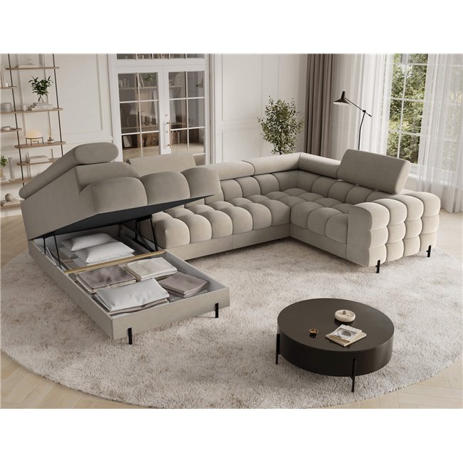 U-shaped sofa Efectory L, sleeping function, Aura 18, velvet, beige, H93x346x205cm