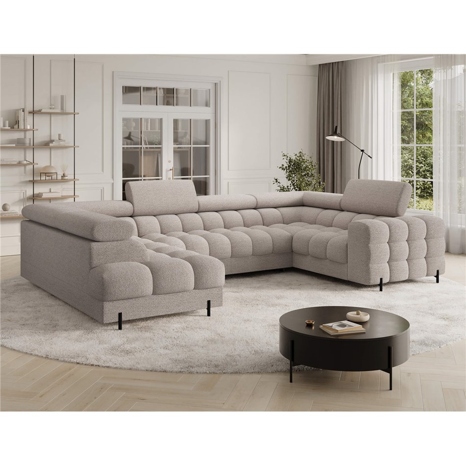 U-shaped sofa Efectory L, sleeping function, Royal 18, boucle, beige, H93x346x205cm
