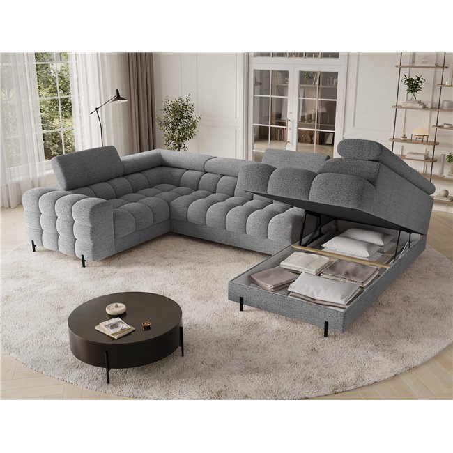 U-shaped sofa Efectory R, sleeping function, Royal 03, boucle, light grey, H93x346x205cm