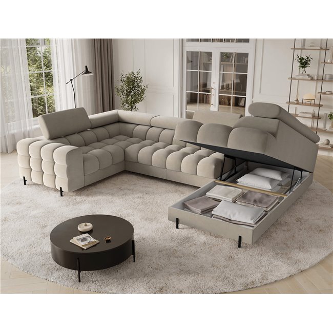 U formos kampinė sofa Efectory R, ištraukiama, Aura 18, aksomas, smėlio sp., H93x346x205cm