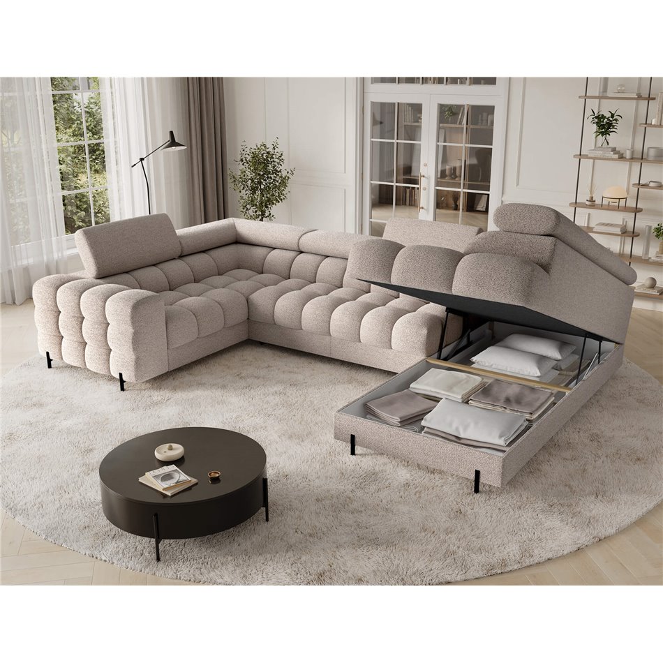 U-shaped sofa Efectory R, sleeping function, Royal 18, boucle, beige, H93x346x205cm