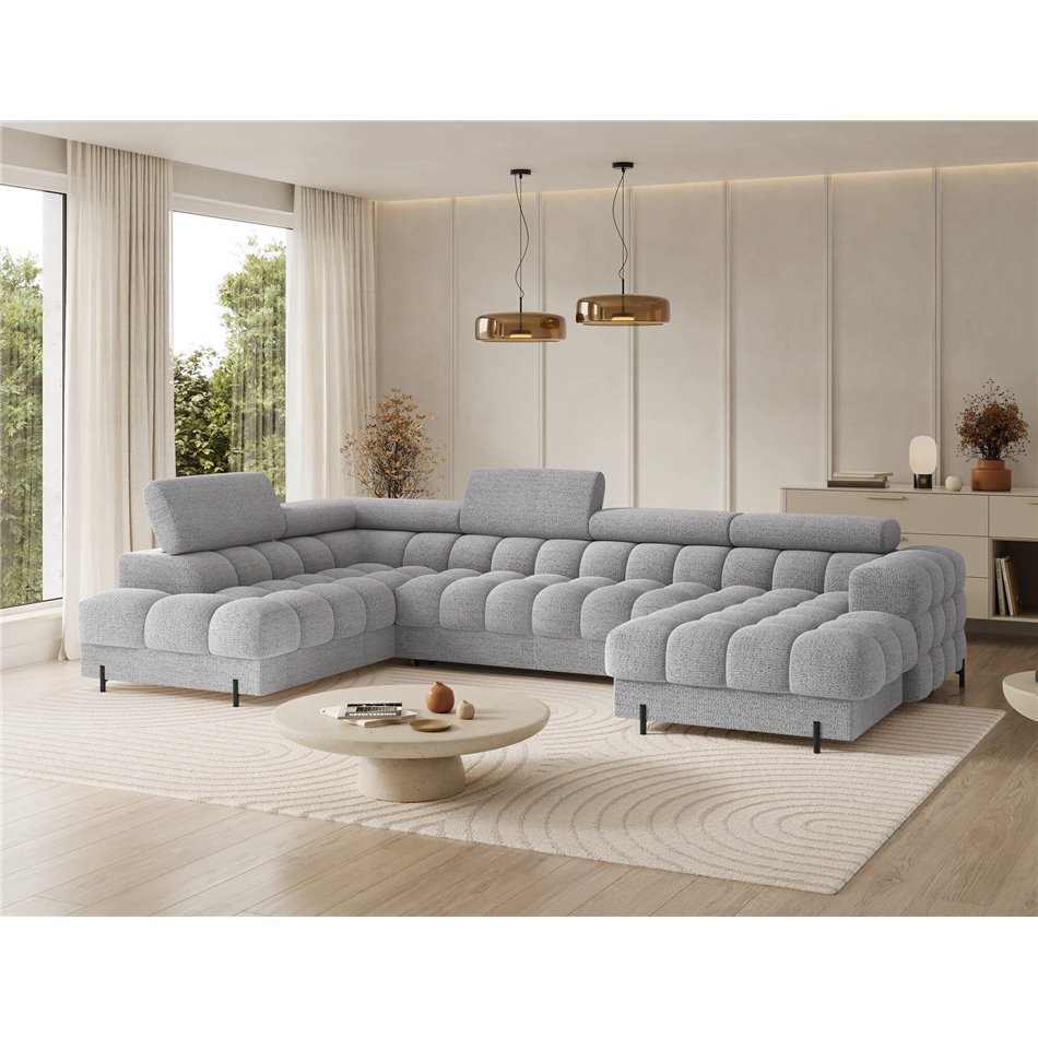 U-shaped sofa Elferaria L, sleeping function, Royal 03, boucle, grey, H93x358x202cm
