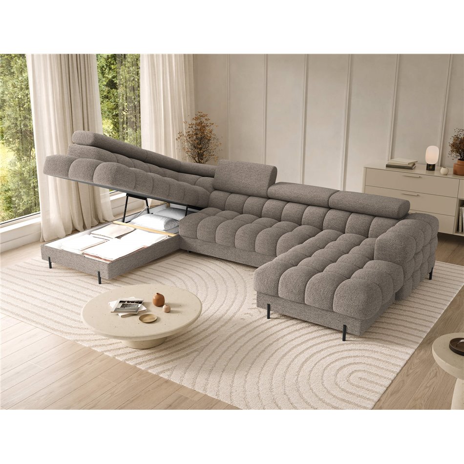 U-shaped sofa Elferaria L, sleeping function, Royal 20, boucle, dark beige, H93x358x202cm