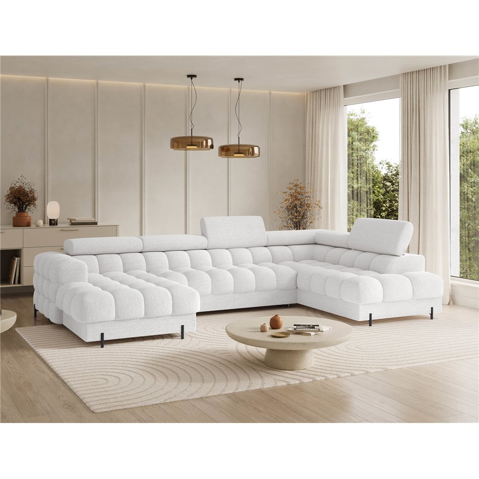 U-shaped sofa Elferaria R, sleeping function, Royal 01, boucle, white, H93x358x202cm