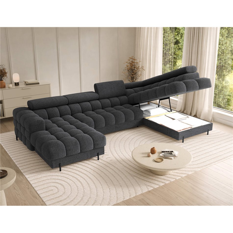 U-shaped sofa Elferaria R, sleeping function, Royal 05, boucle, dark grey, H93x358x202cm