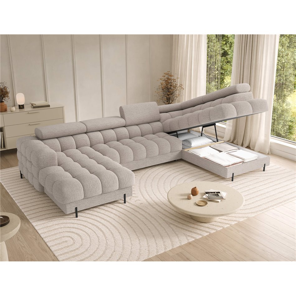 U-shaped sofa Elferaria R, sleeping function, Royal 18, boucle, beige, H93x358x202cm