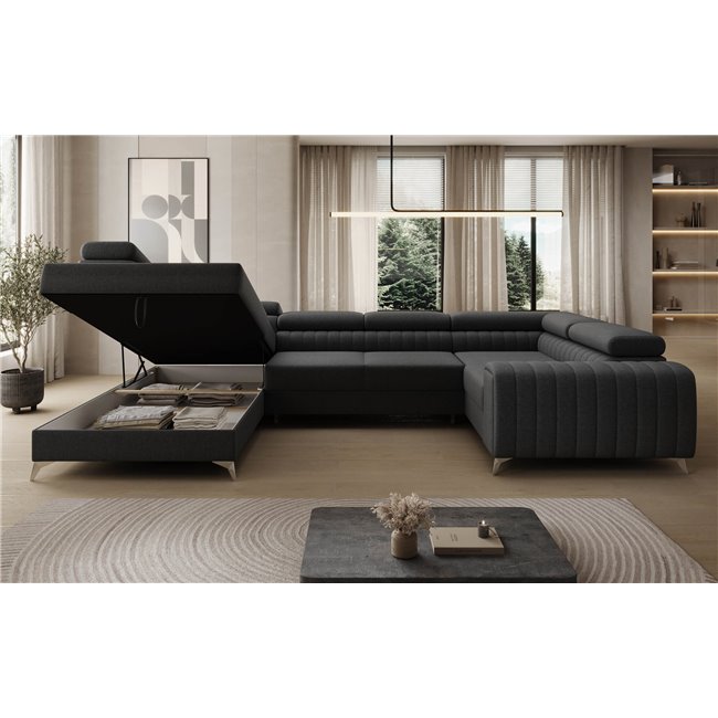 U-shaped sofa Eluis L, sleeping function, Sawana 14, black, H92x347x202cm