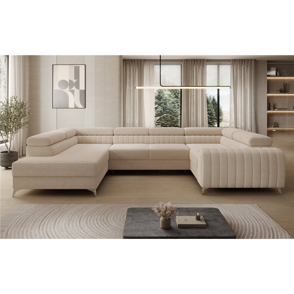 U-shaped sofa Eluis L, sleeping function, Jarell 18, corduroy, beige, H92x347x202cm