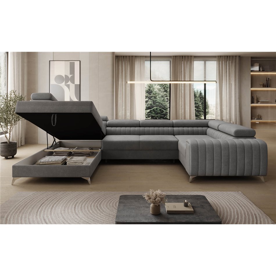 U-shaped sofa Eluis L, sleeping function, Monolith 85, velvet, grey, H92x347x202cm