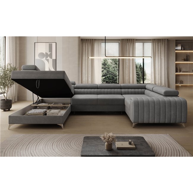 U-shaped sofa Eluis L, sleeping function, Monolith 85, velvet, grey, H92x347x202cm