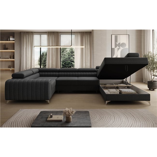 U-shaped sofa Eluis R, sleeping function, Sawana 14, black, H92x347x202cm