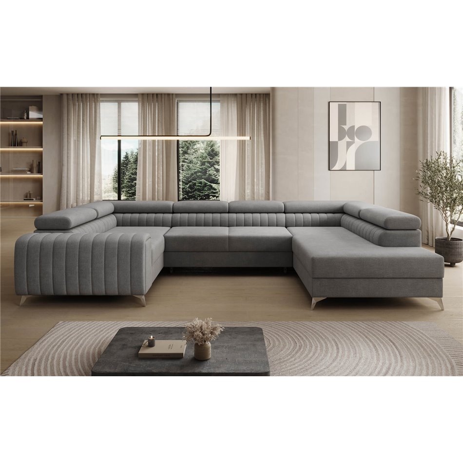 U-shaped sofa Eluis R, sleeping function, Monolith 85, velvet, grey, H92x347x202cm