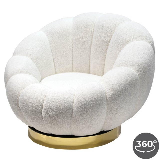 Swivel leisure chair Valdo, white/gold color, rotatable 360 degrees, H75x101x99cm, seat height 40cm