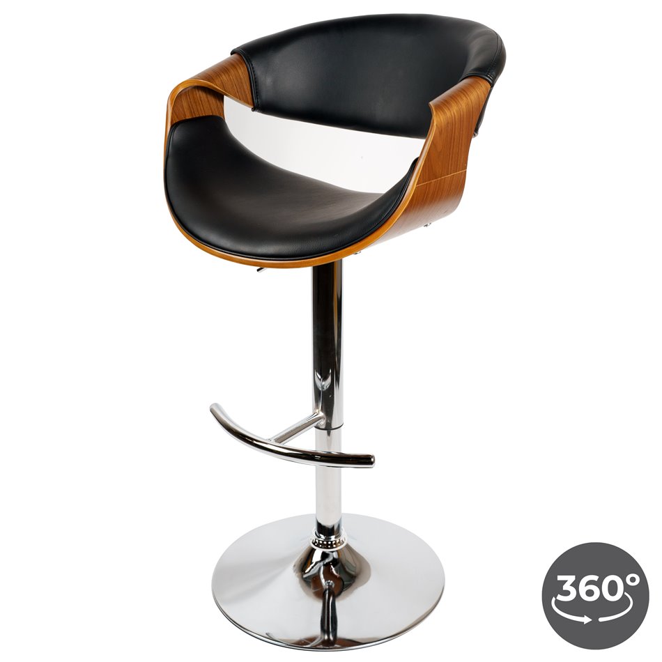 Bar chair Saga, rotatable 360 degrees, walnut color/black, H87-107x53x52.5cm, seat height 61-81cm