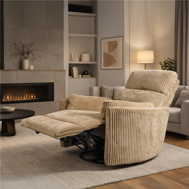 Electric recliner/rocking chair Hoka 02, light brown, rotatable 180 degrees, H89-106x101x98-168cm, seat height 50-57cm