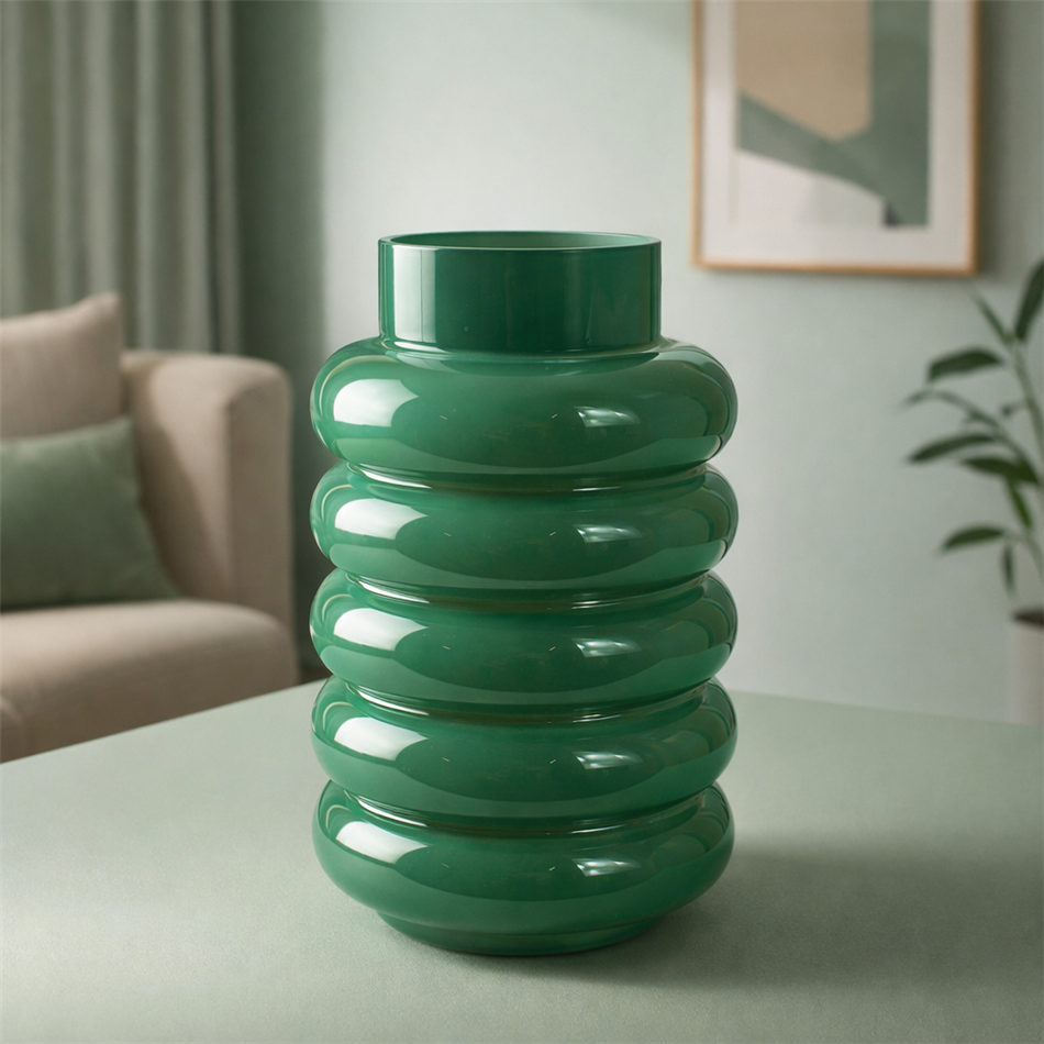 Vase Ribbo, glass, green, H25cm, D15cm