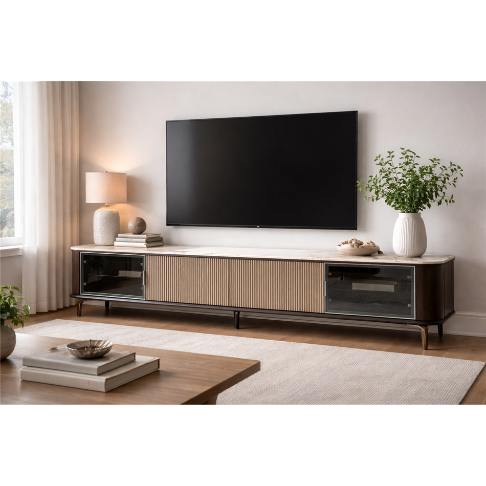 TV unit Sarenno, sintered stone/ash werner/metal/MDF/glass, 200x40cm H50cm