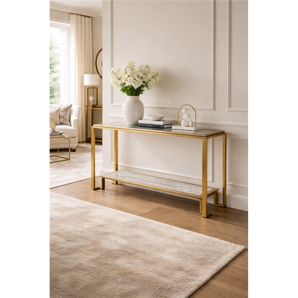 Console table Eda ST, stainless steel/glass, champagne gold color/clear, H78x150x45cm