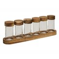 Spice jar set 6 with stand, acacia/glass, H11x34.5x6.5cm