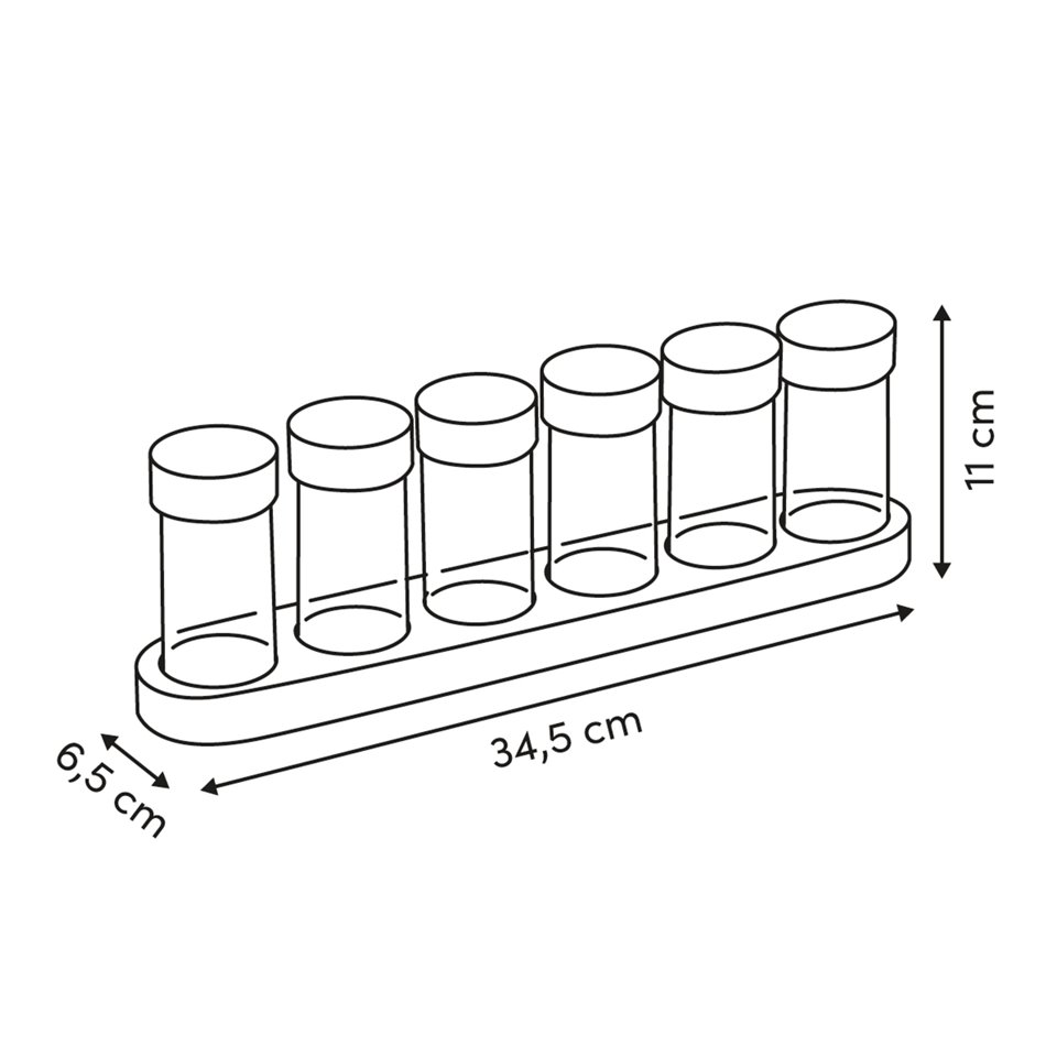 Spice jar set 6 with stand, acacia/glass, H11x34.5x6.5cm