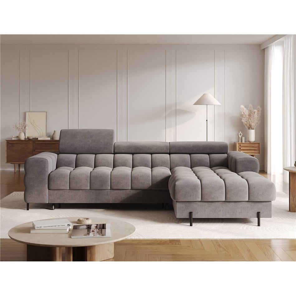 Corner sofa Elferlo R, sleeping function, Aura 04, velvet, grey, H93x285x181cm