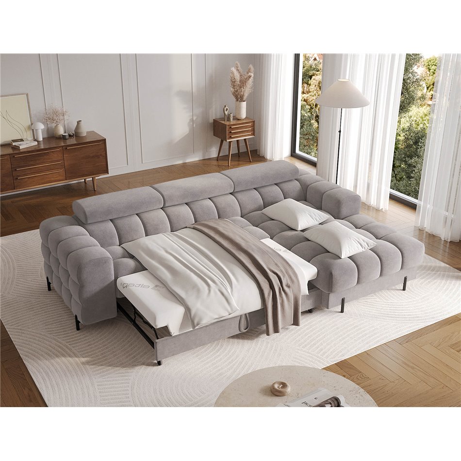 Corner sofa Elferlo R, sleeping function, Aura 04, velvet, grey, H93x285x181cm