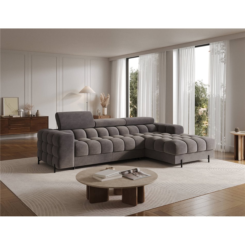 Corner sofa Elferlo R, sleeping function, Aura 04, velvet, grey, H93x285x181cm