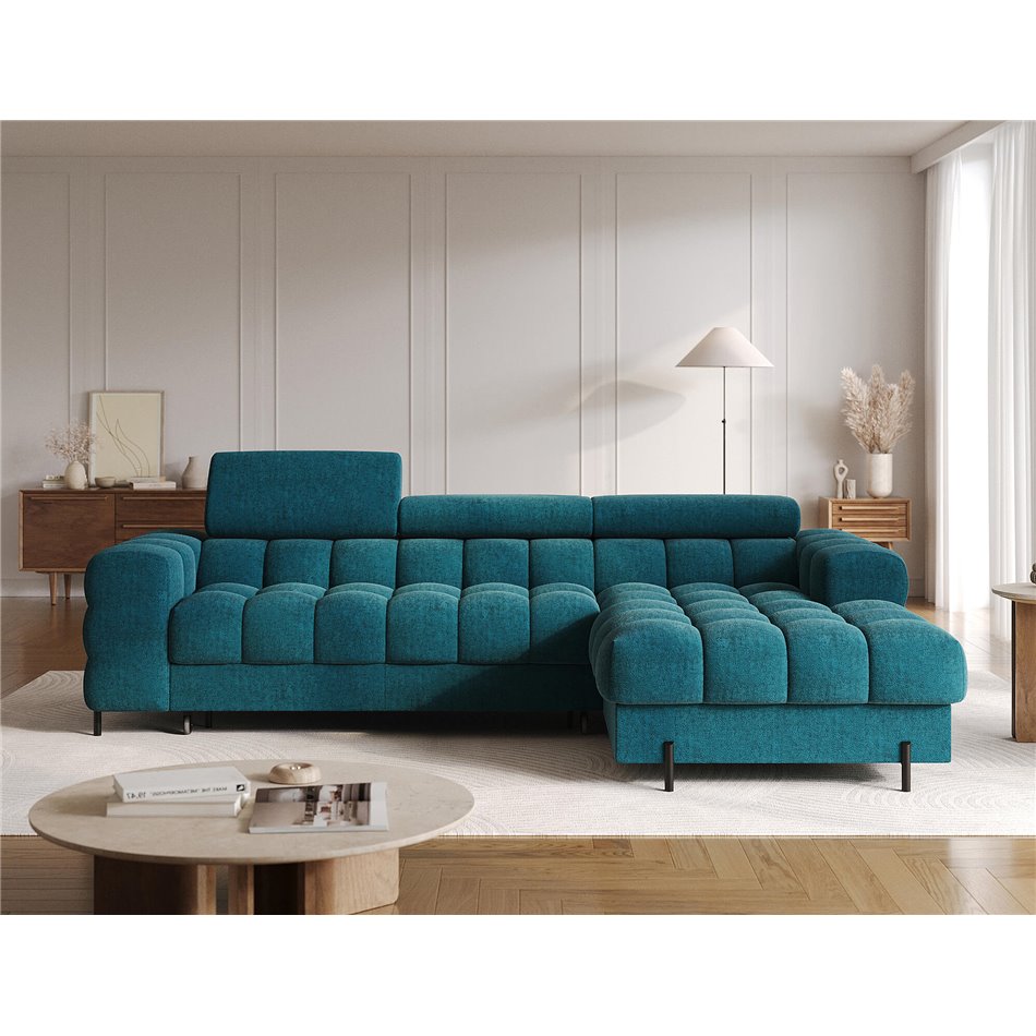 Corner sofa Elferlo R, sleeping function, Amore 40, boucle, blue, H93x285x181cm