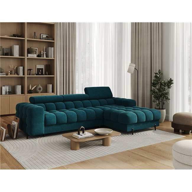 Corner sofa Elferlo R, sleeping function, Amore 40, boucle, blue, H93x285x181cm