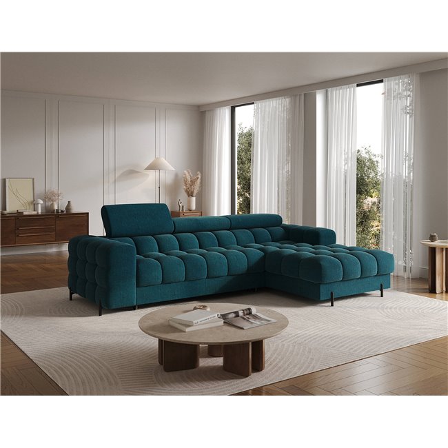 Corner sofa Elferlo R, sleeping function, Amore 40, boucle, blue, H93x285x181cm