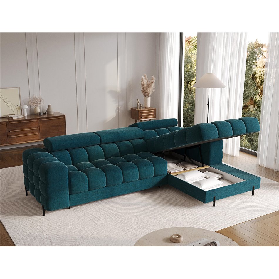 Corner sofa Elferlo R, sleeping function, Amore 40, boucle, blue, H93x285x181cm