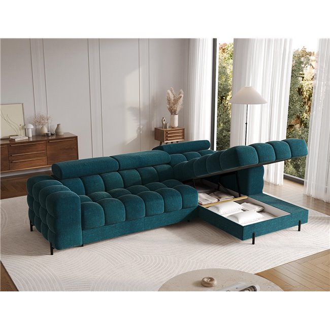 Corner sofa Elferlo R, sleeping function, Amore 40, boucle, blue, H93x285x181cm