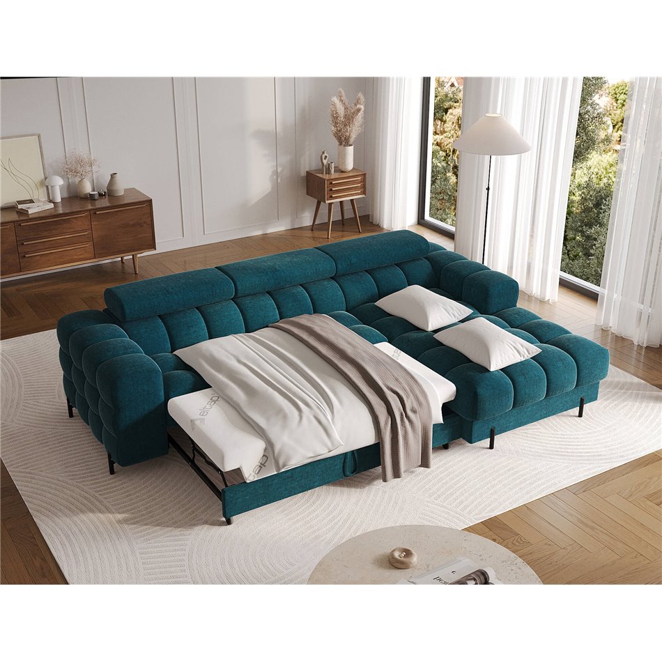 Corner sofa Elferlo R, sleeping function, Amore 40, boucle, blue, H93x285x181cm