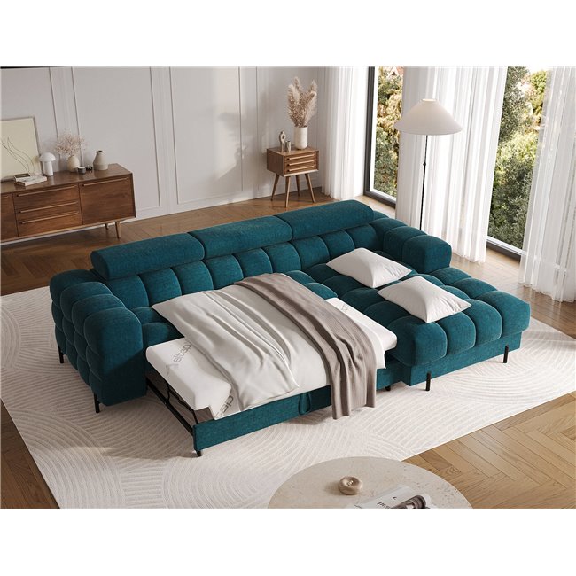 Corner sofa Elferlo R, sleeping function, Amore 40, boucle, blue, H93x285x181cm
