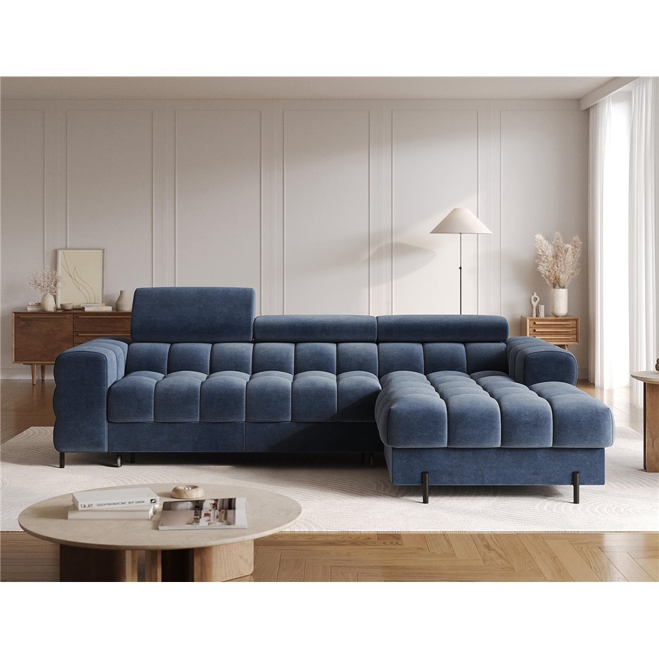 Corner sofa Elferlo R, sleeping function, Aura 40, velvet, blue, H93x285x181cm