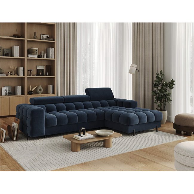 Corner sofa Elferlo R, sleeping function, Aura 40, velvet, blue, H93x285x181cm