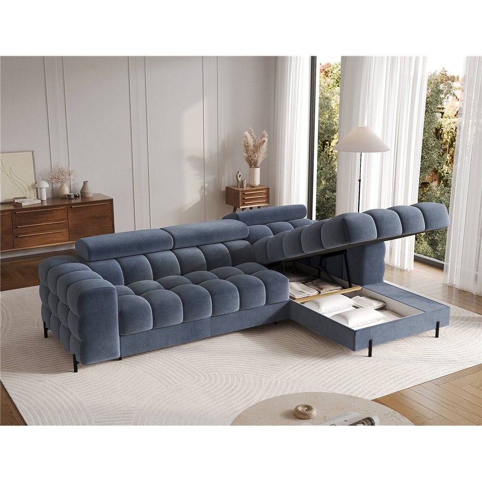 Corner sofa Elferlo R, sleeping function, Aura 40, velvet, blue, H93x285x181cm