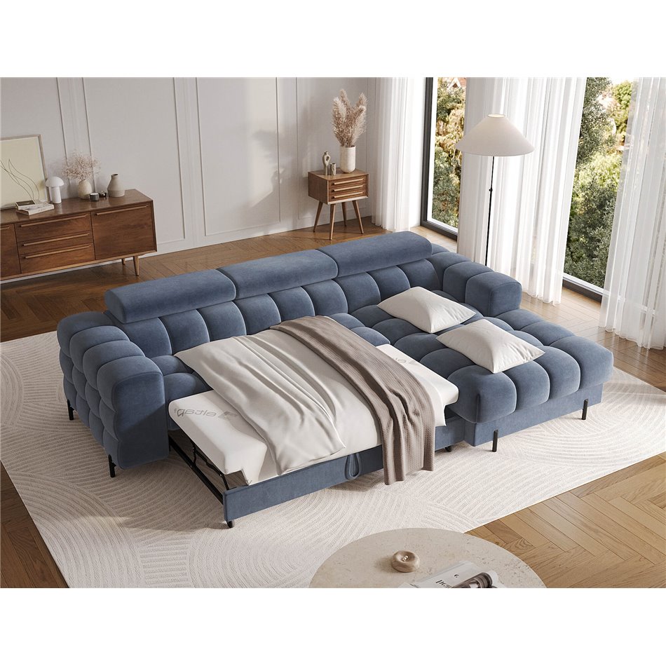 Corner sofa Elferlo R, sleeping function, Aura 40, velvet, blue, H93x285x181cm
