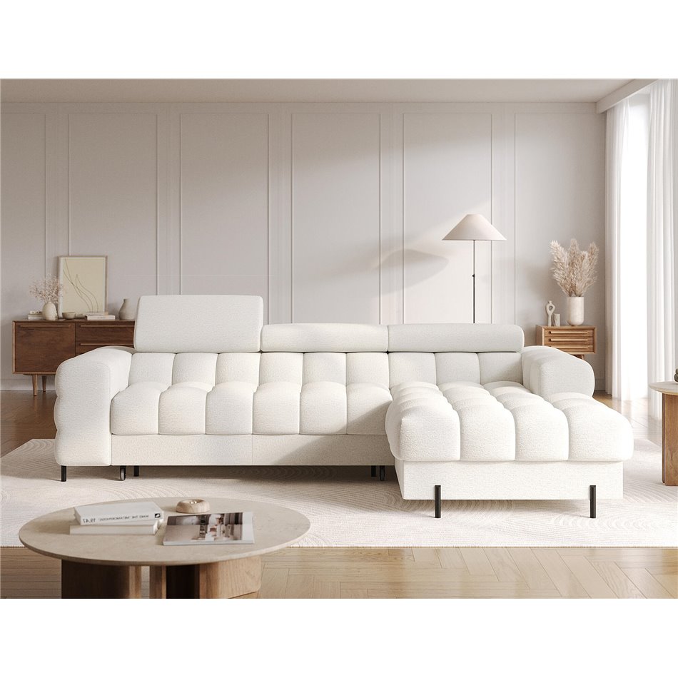 Corner sofa Elferlo R, sleeping function, Royal 01, boucle, white, H93x285x181cm